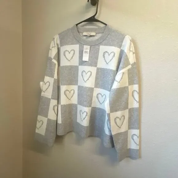 NWT LOFT Gray Heart Checkered Love thick soft Sweater Size Large MSRP $89.95 - Picture 1 of 8